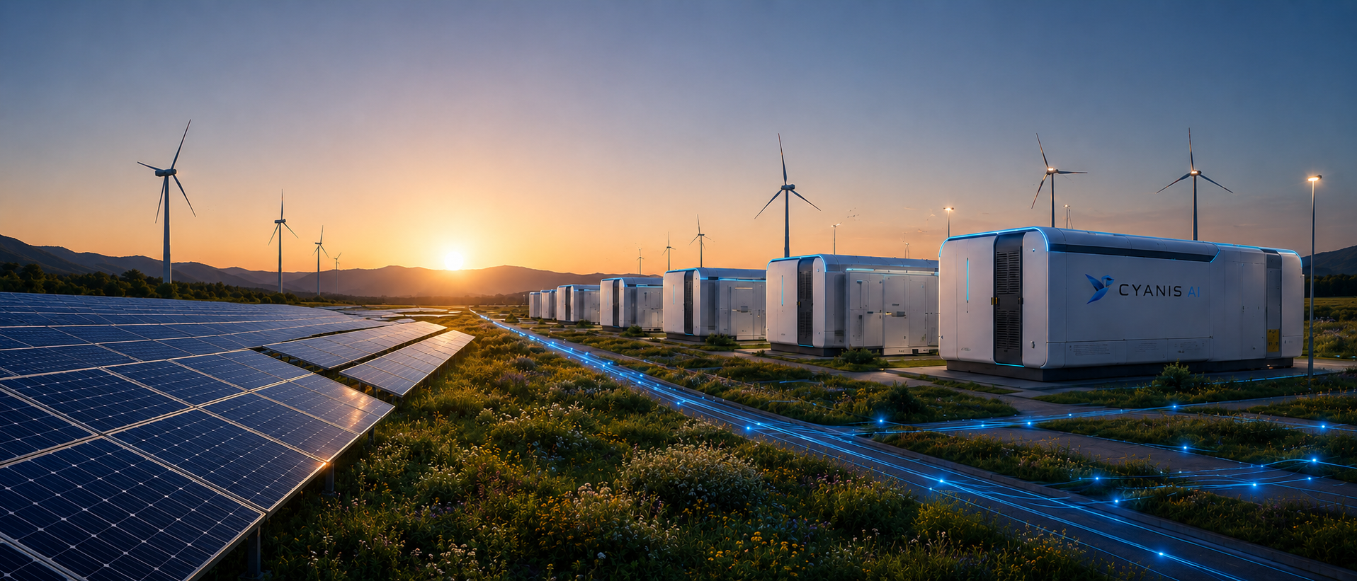 Utility-scale solar, wind and battery storage at dusk